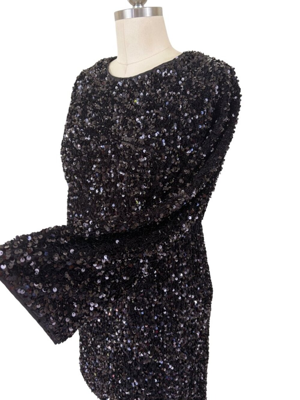 H&M Black Sequin Evening Party Sequin Black Dress M Flare Sleeve WitchyCore